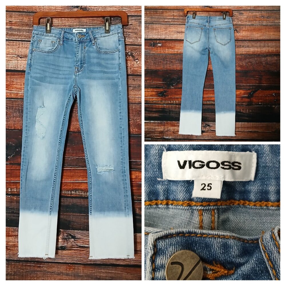 VIGOSS Jeans 25 Stevie Crop Straight Distressed Dip Dyed Raw Hem Stretch